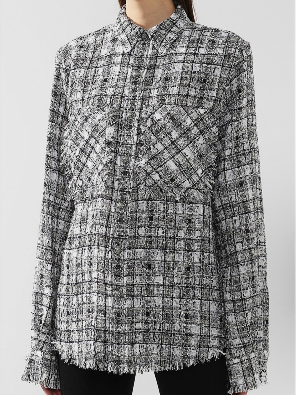 Faith Connexion Black, White & Silver Metallic Tweed Button-Down Shirt